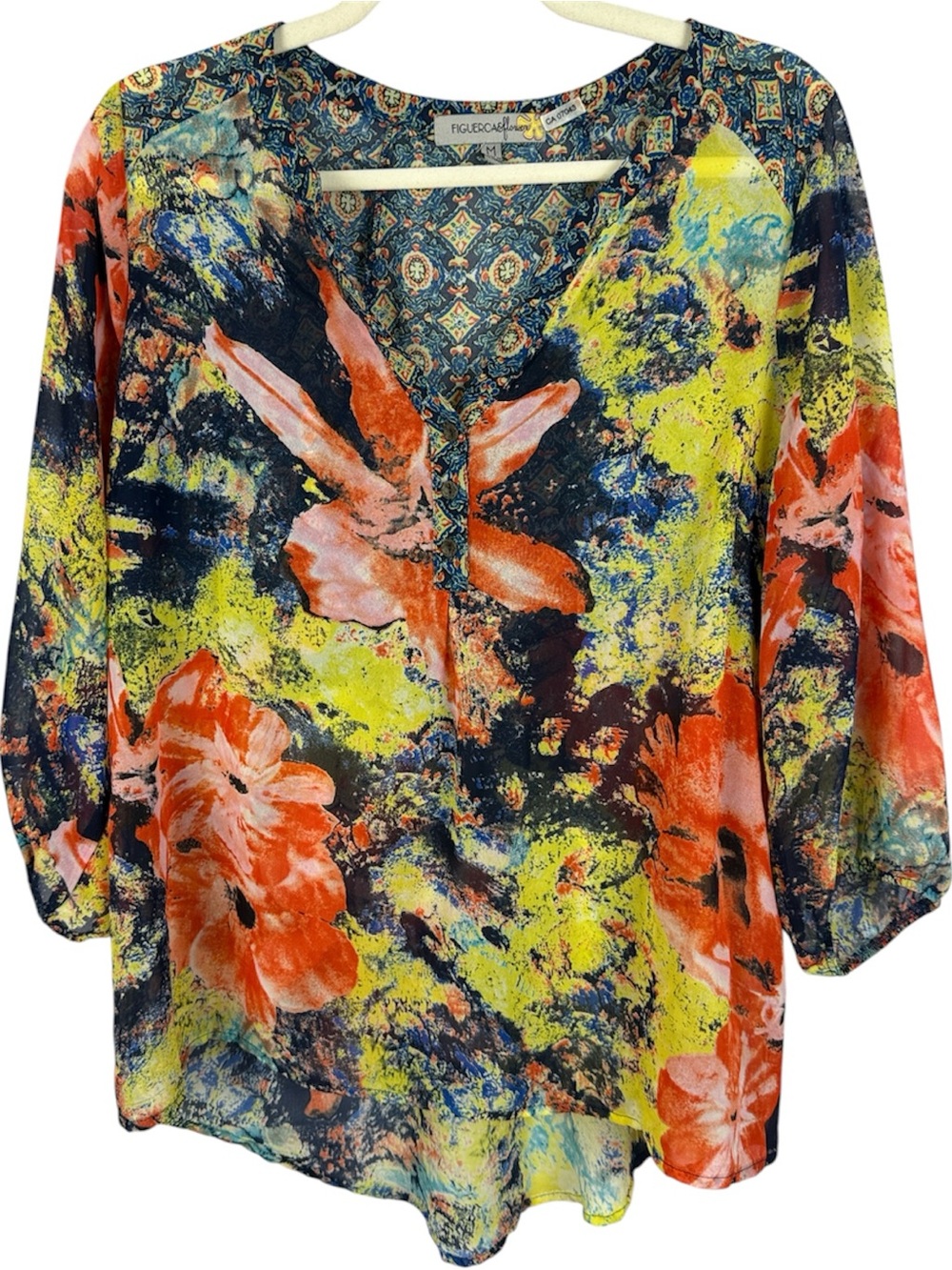 Figueroa & Flower V-Neck Floral Medallion Chiffon Sheer Blouse Medium